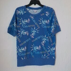 LuLaRoe Blue Jane Blouse Top Statue of Liberty Print Women Small Short Sleeve